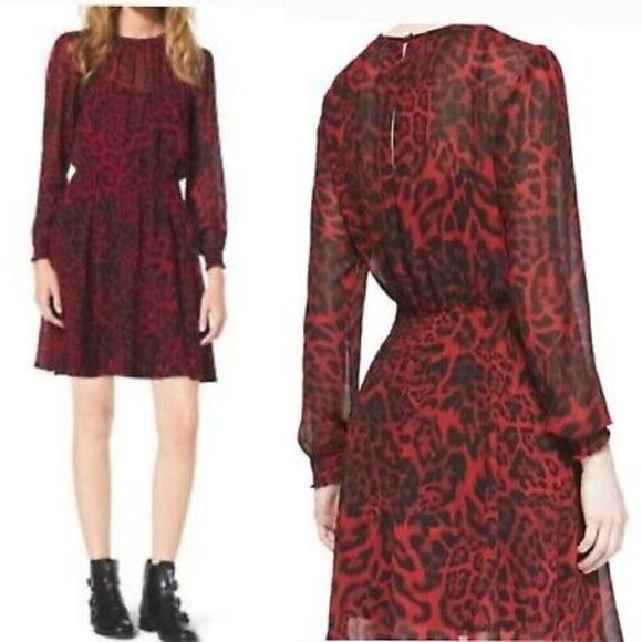 Michael Michael Kors Animal Print Smocked Waist Dress MEDIUM Red Blaze - Picture 2 of 12